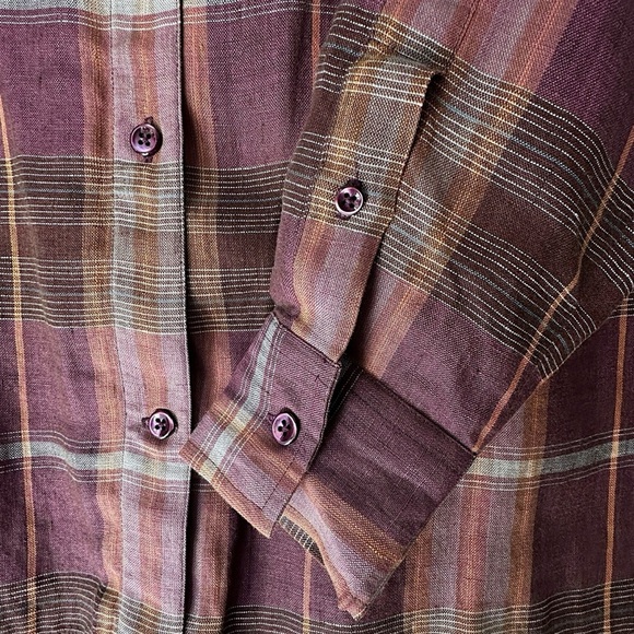 FACONNABLE | PURE LINEN TUNIC SHIRT PLAID LONG SLEEVE BUTTON FRONT PLUM | LARGE - Picture 6 of 9